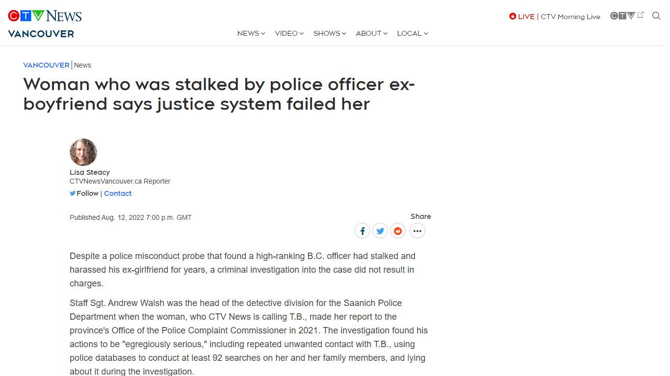 Police news: Woman stalked by cop says justice system failed | CTV News